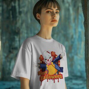 Gray T-shirt with Halloween Clown and "Happy Halloween" Text